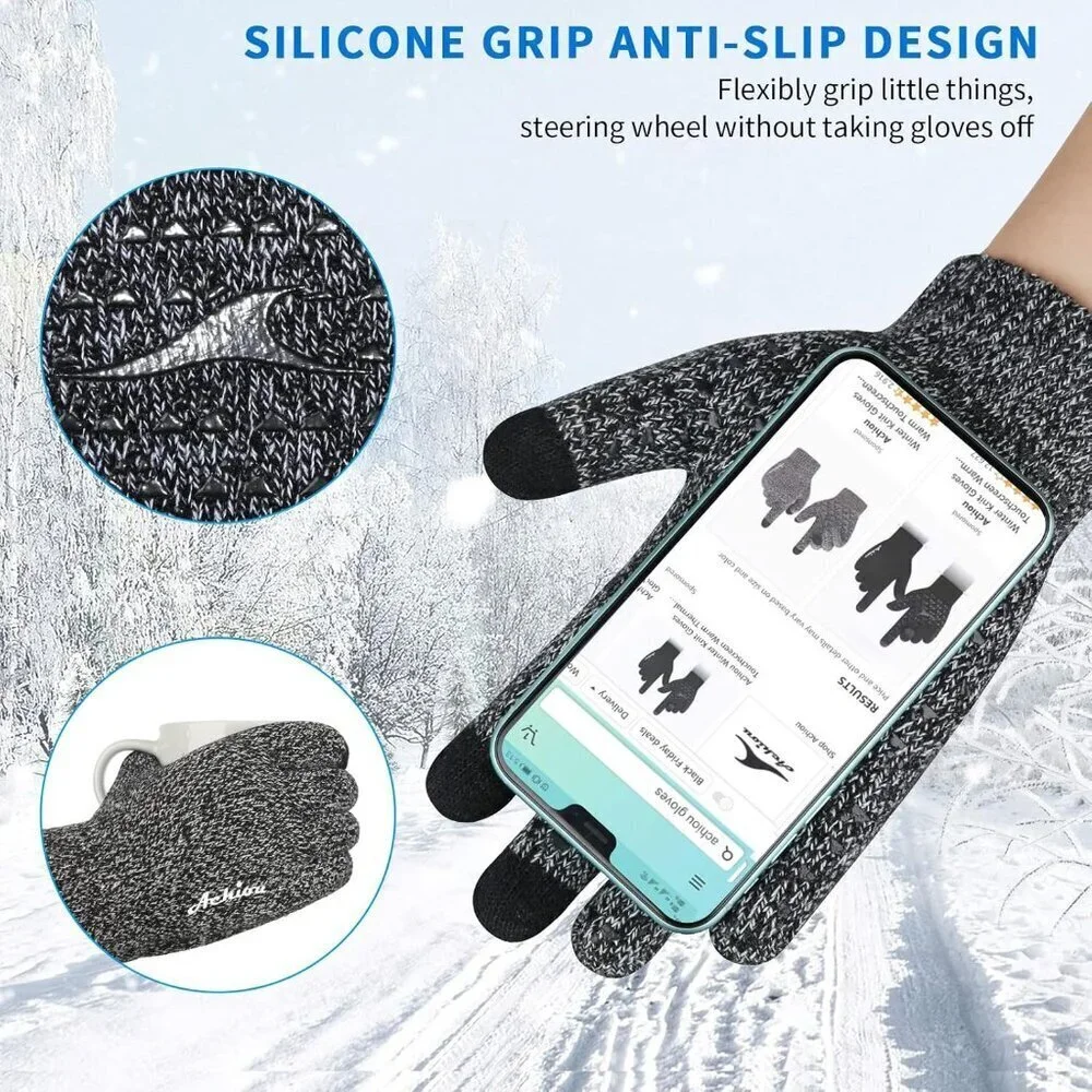 Women's Black White Upgraded Touch Screen Thermal Soft Knit Lining Winter Gloves